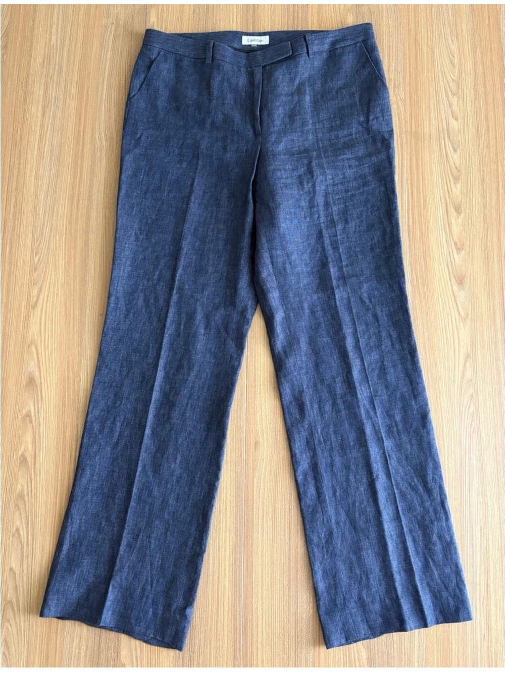 Calvin Klein Blue Linen Trouser Pants Womens 12 Straight Office Career Coastal